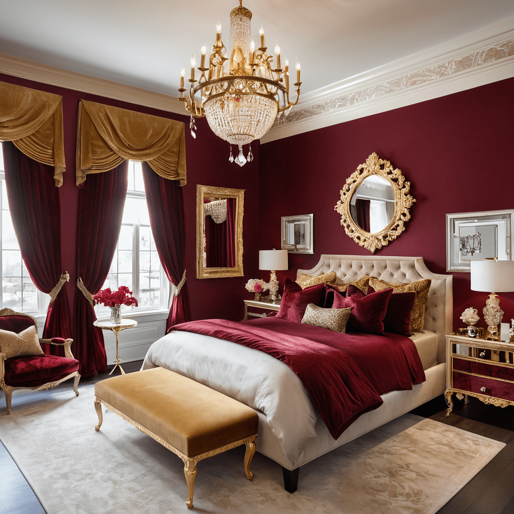 Luxurious bedroom with red velvet and bronze details