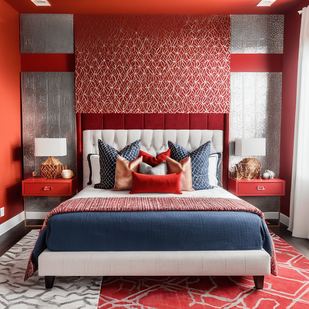 Stylish bedroom with red accent wall and geometric decor