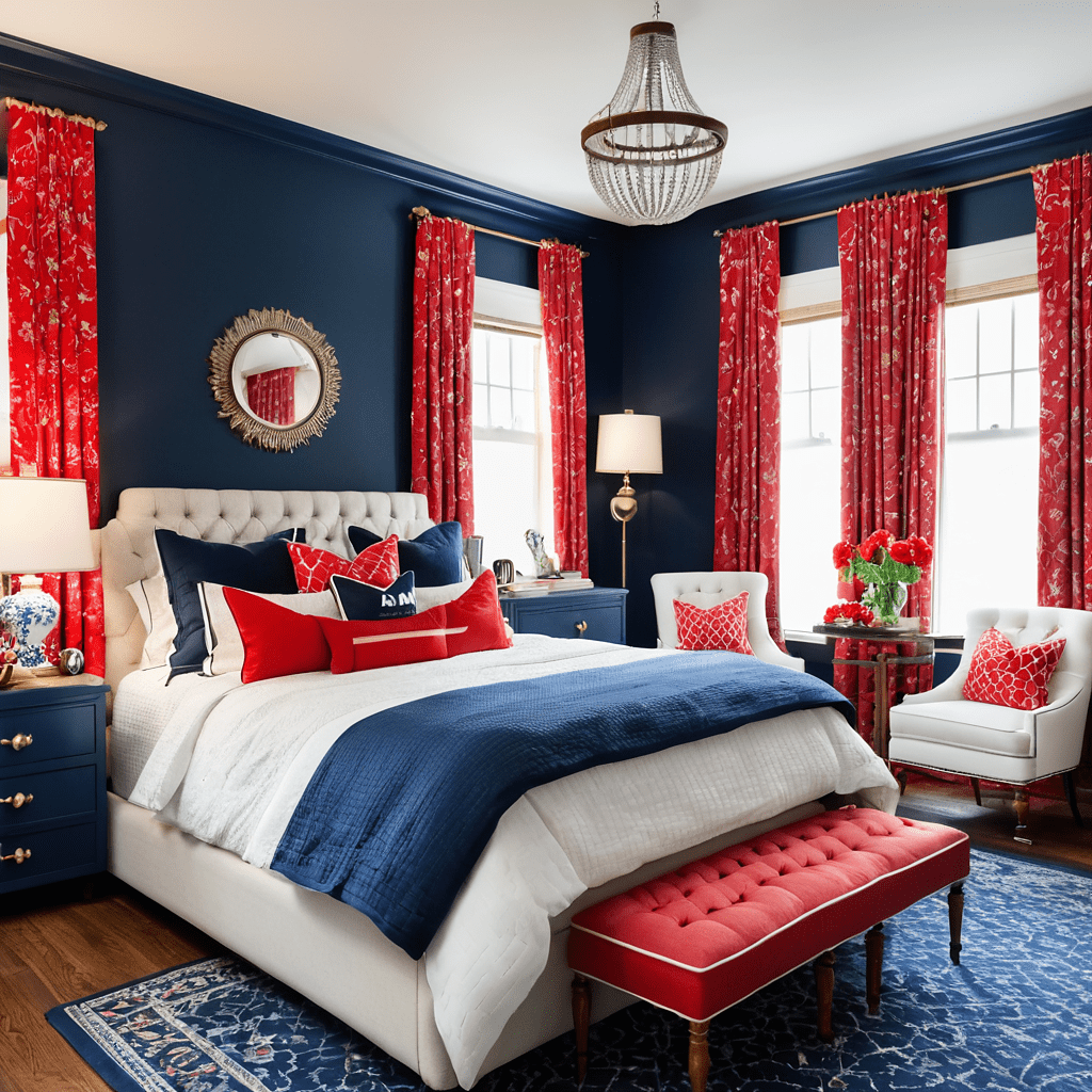 Navy and red bedroom with classic decor