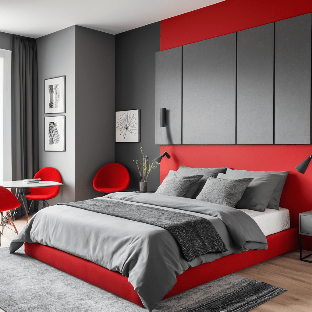 Contemporary bedroom with gray walls and red accents