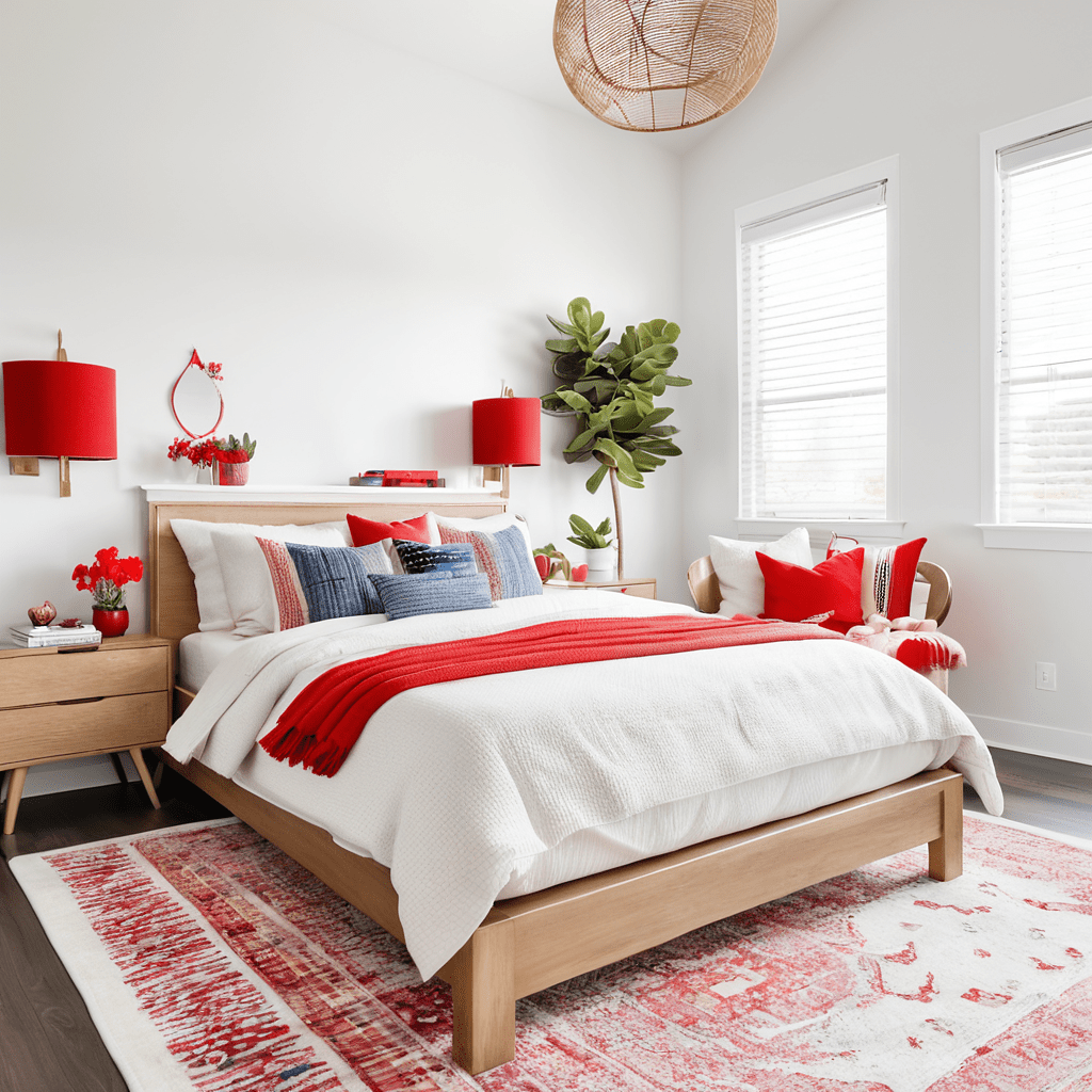 Minimalist white bedroom with red accents