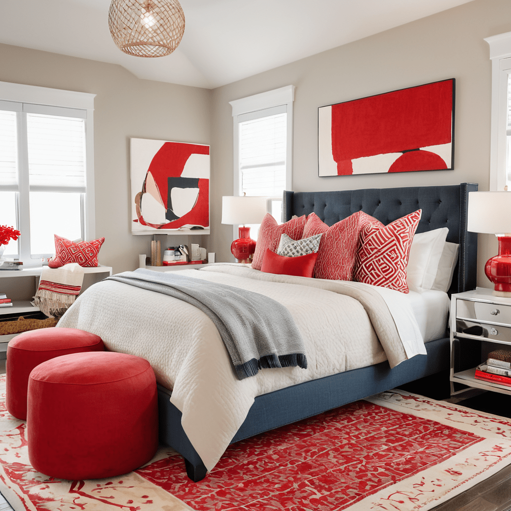 Bedroom with subtle red accents and neutral decor