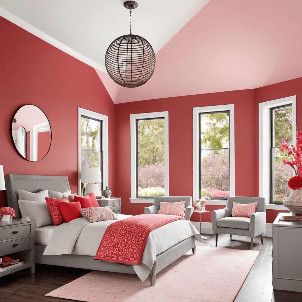 Bedroom with red painted walls and neutral accents