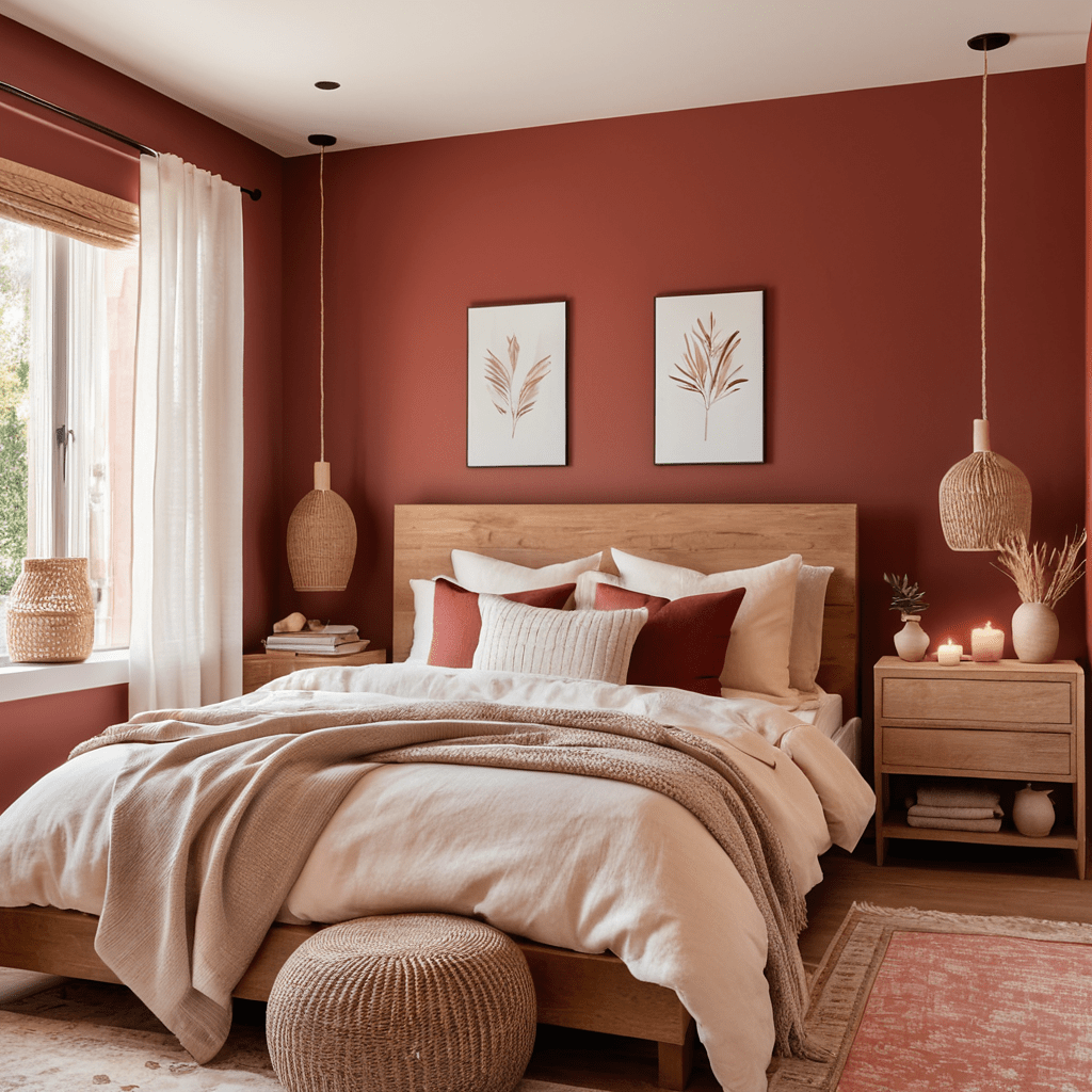 Relaxing bedroom with soft red tones and natural materials