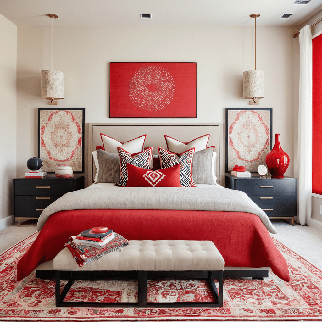 Elegant bedroom with red accent pillows and neutral tones