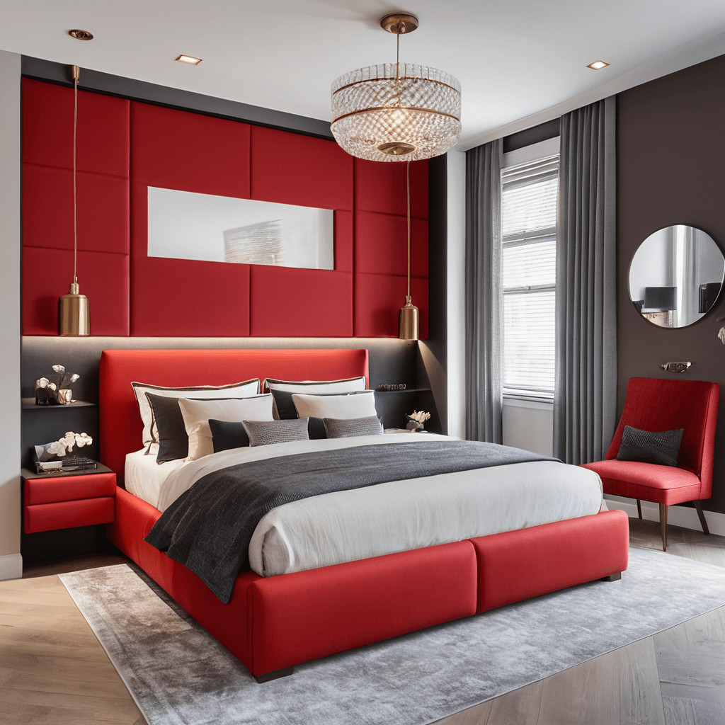 Functional red bedroom with stylish furniture and lighting