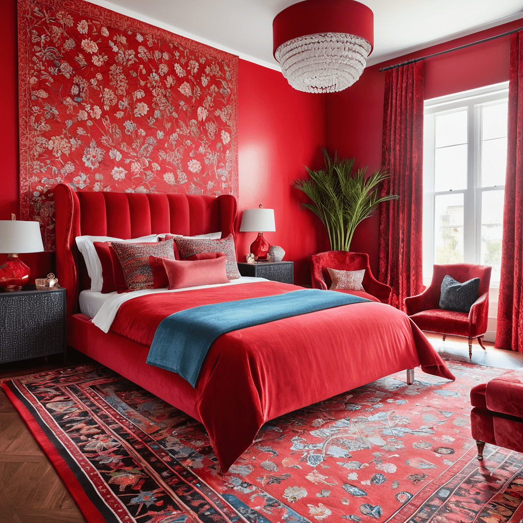 Vibrant red bedroom with velvet bed and bold curtains