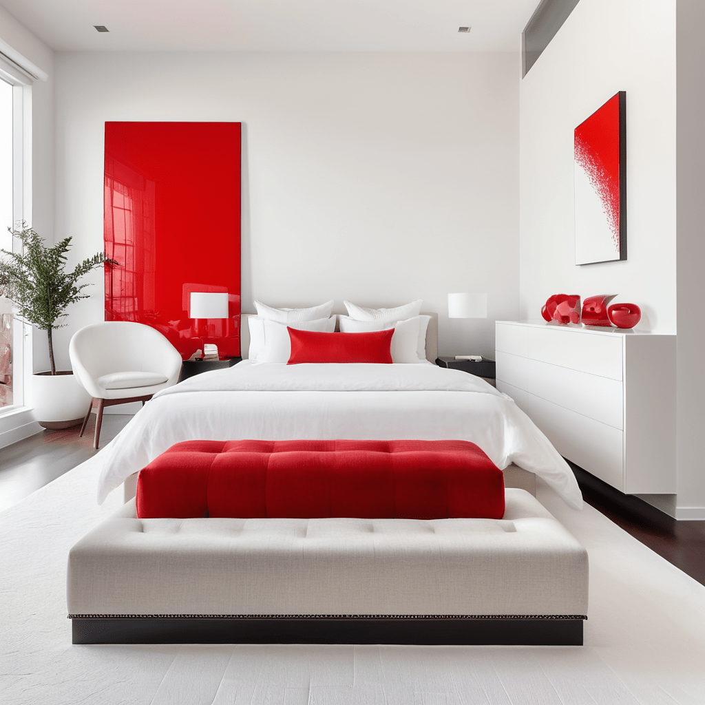 Minimalist bedroom with red platform bed and white linens