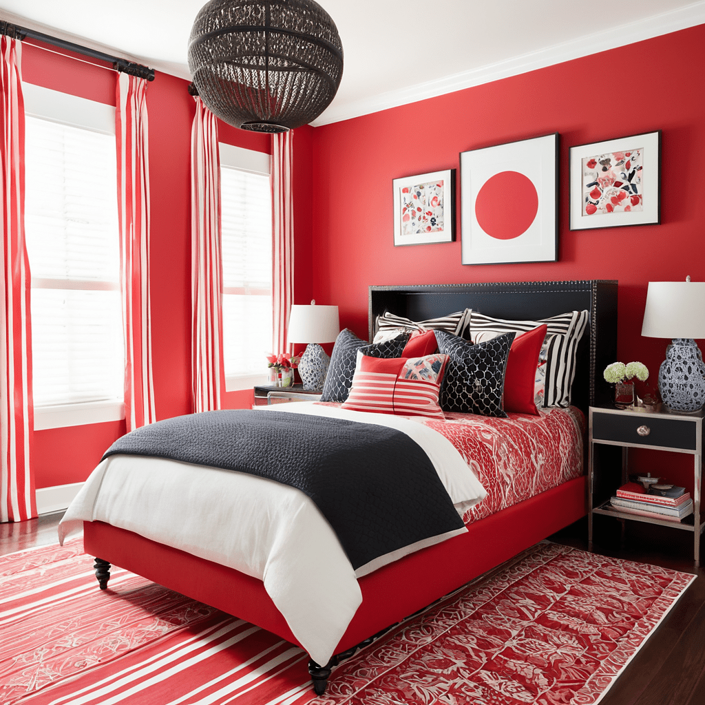 Red bedroom with mixed patterns and bold colors