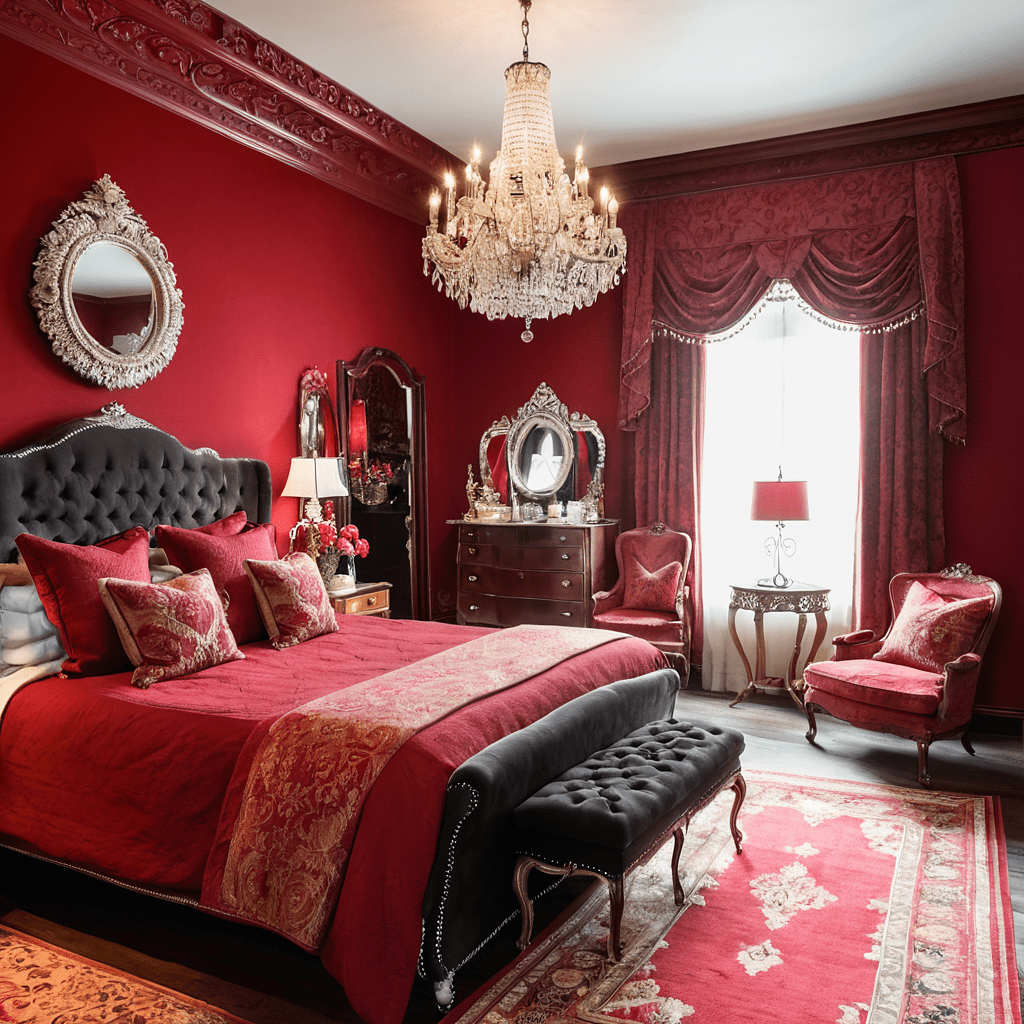 Classic red bedroom with tufted headboard and chandelier