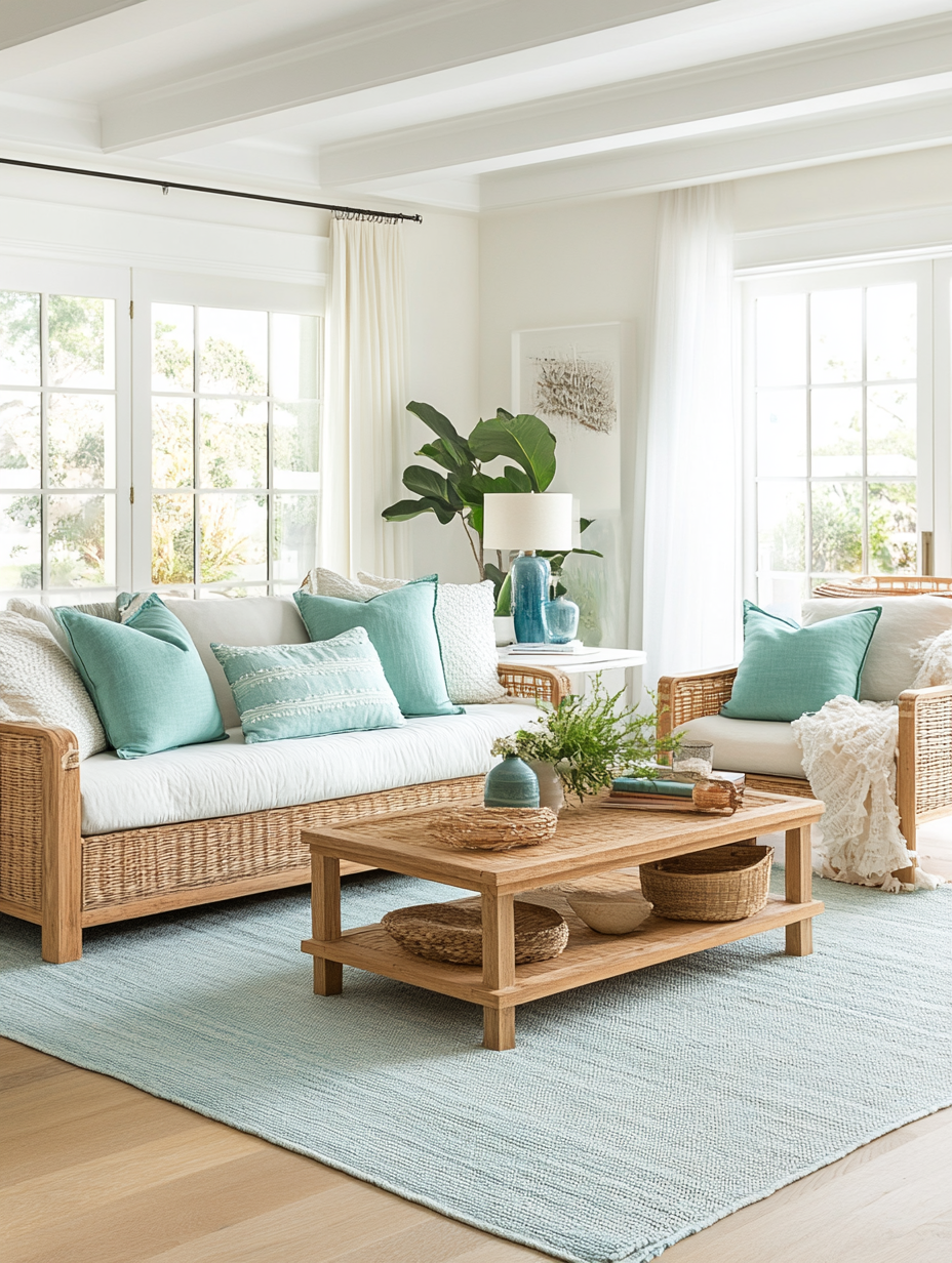 Coastal style living room with blue and green accents