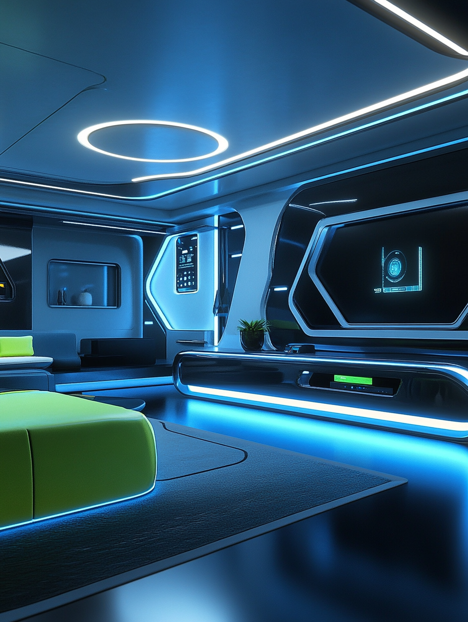 High-tech living room with blue and green lighting
