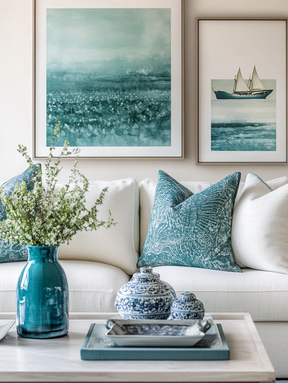 Subtle blue and green accents in living room