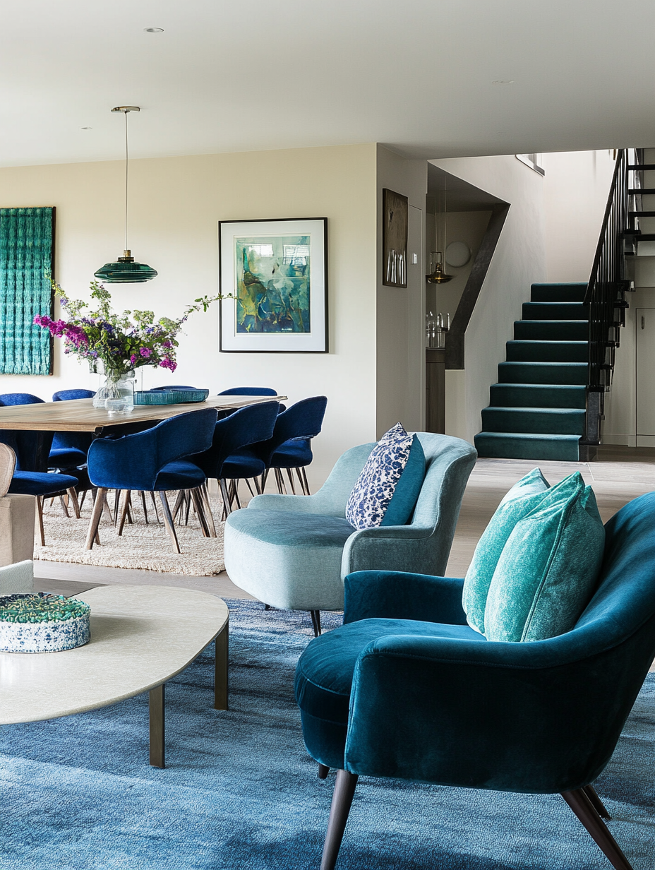 Open-plan living room with blue and green zones