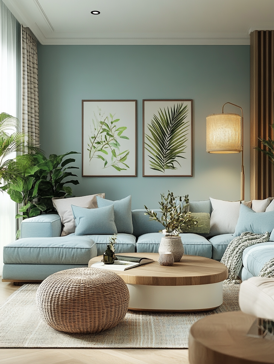 Calming living room with blue and green tones