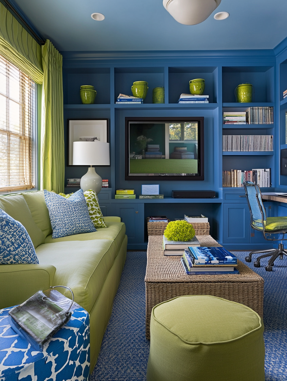 Multi-functional living room with blue and green zones