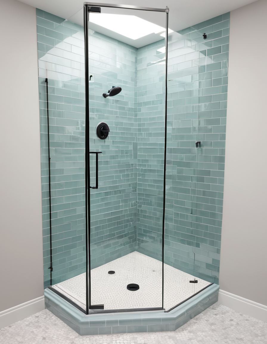 Corner walk-in shower with stylish tiles