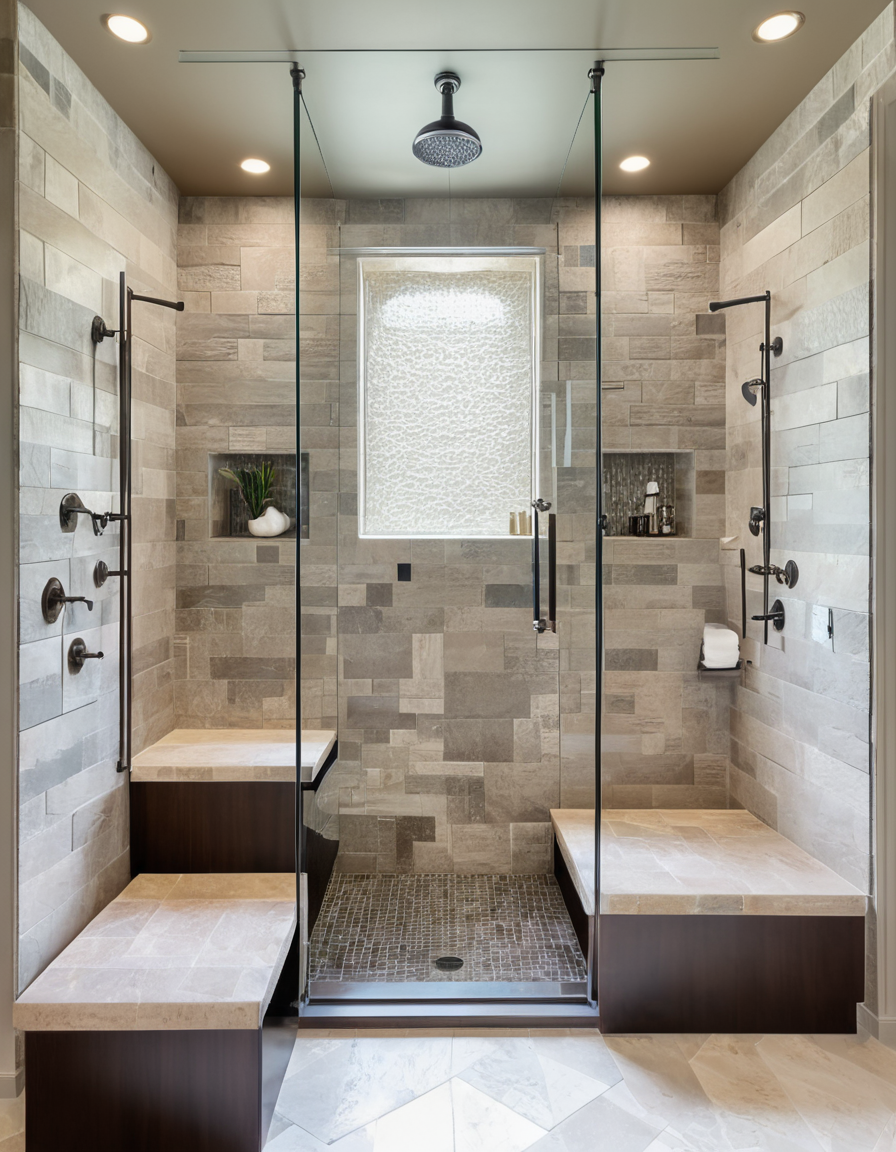 Double walk-in shower with stone walls