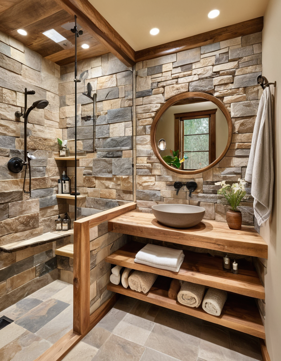 Rustic walk-in shower with wood and stone