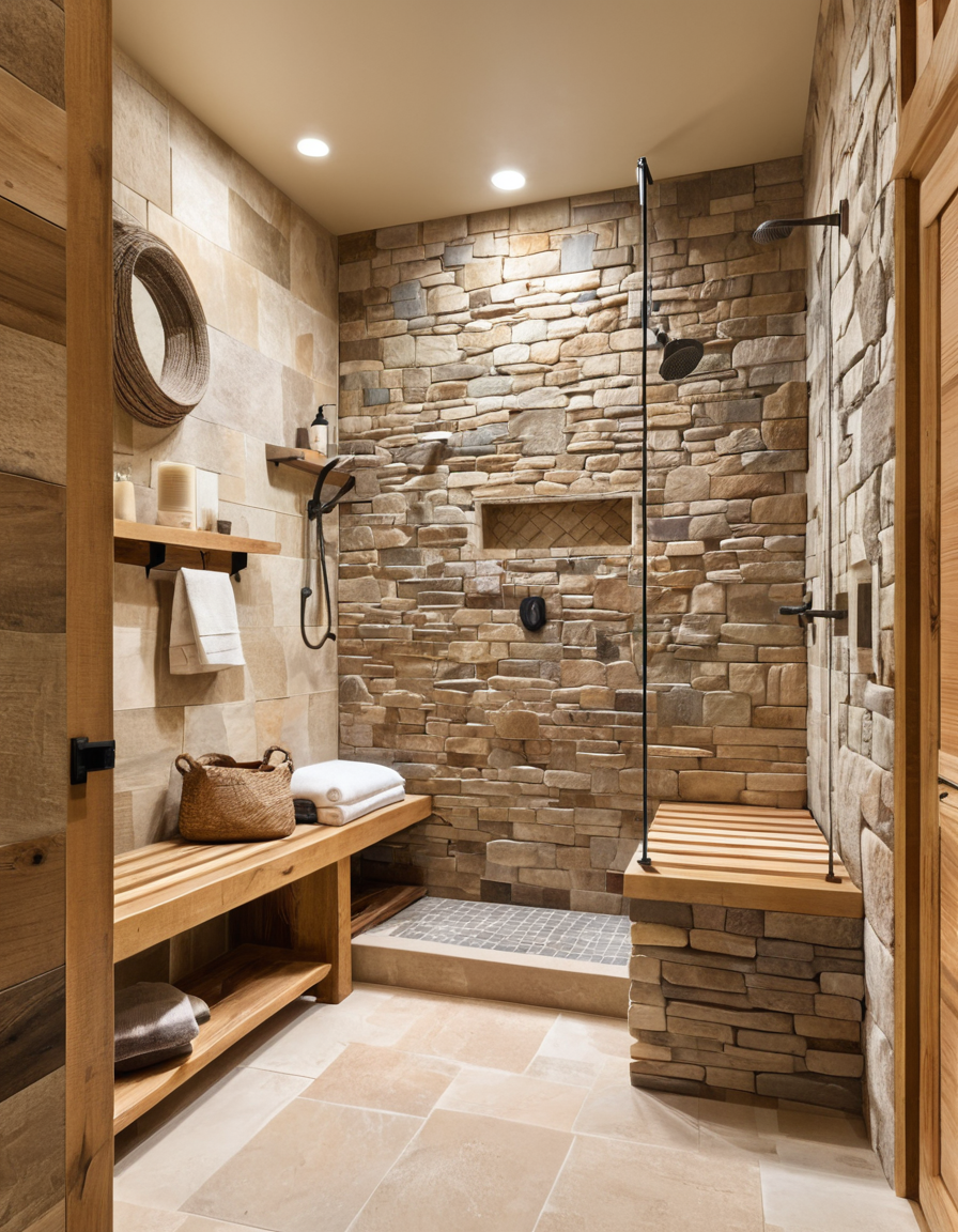 Cozy rustic shower with natural elements