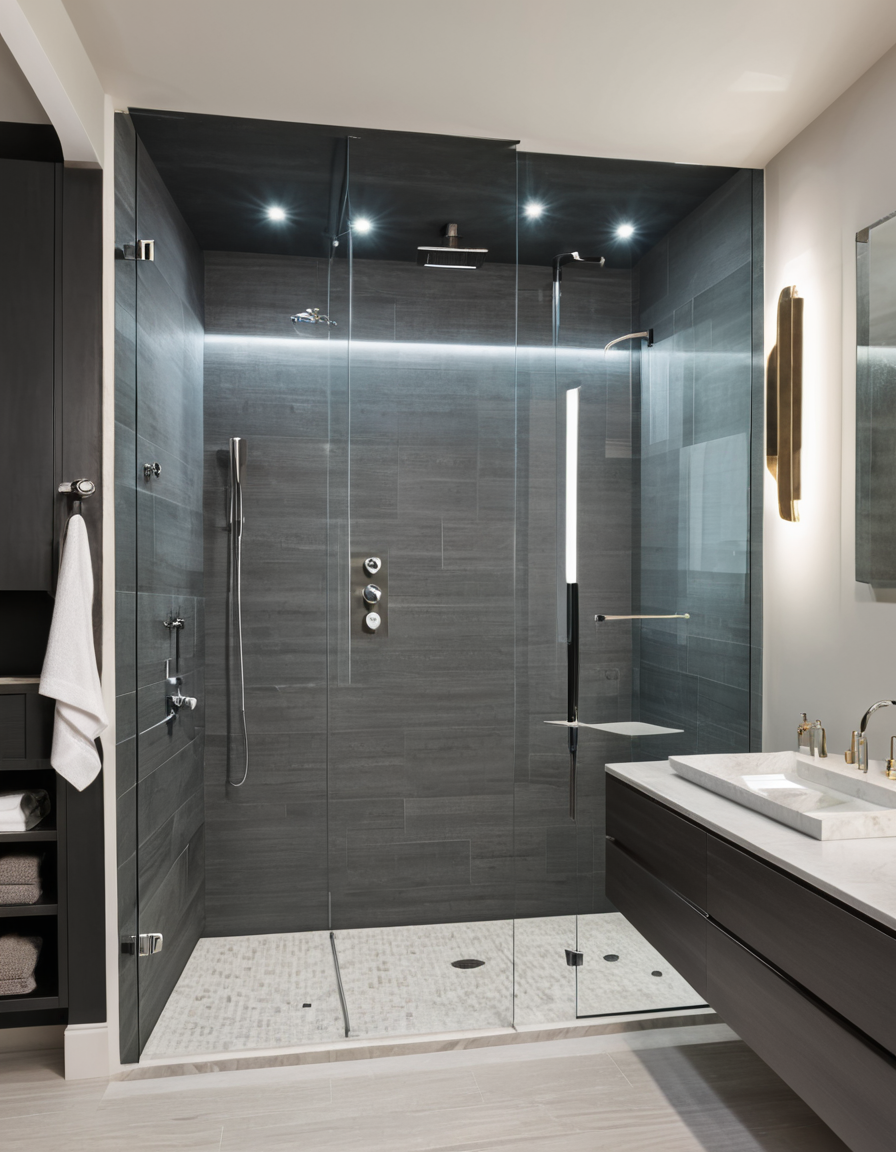 Modern walk-in shower with LED lighting
