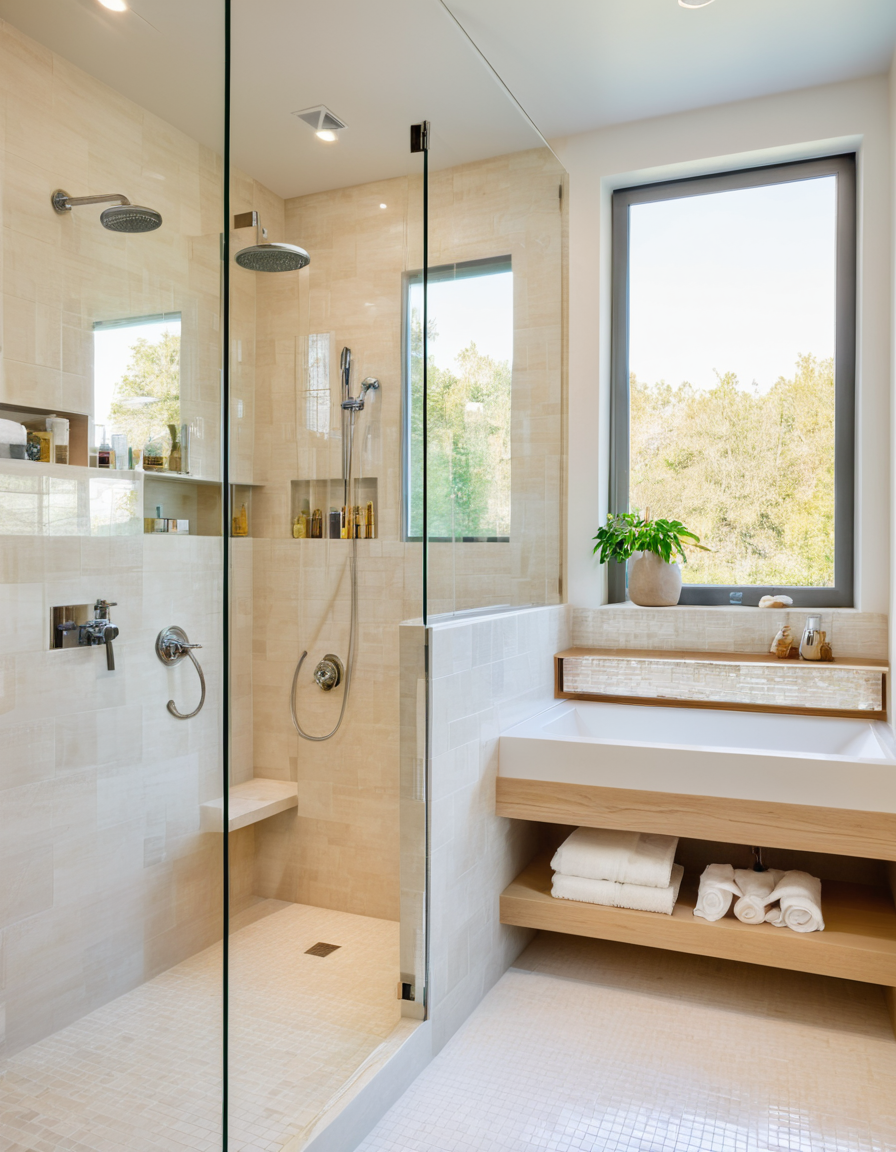 Compact walk-in shower with smart storage