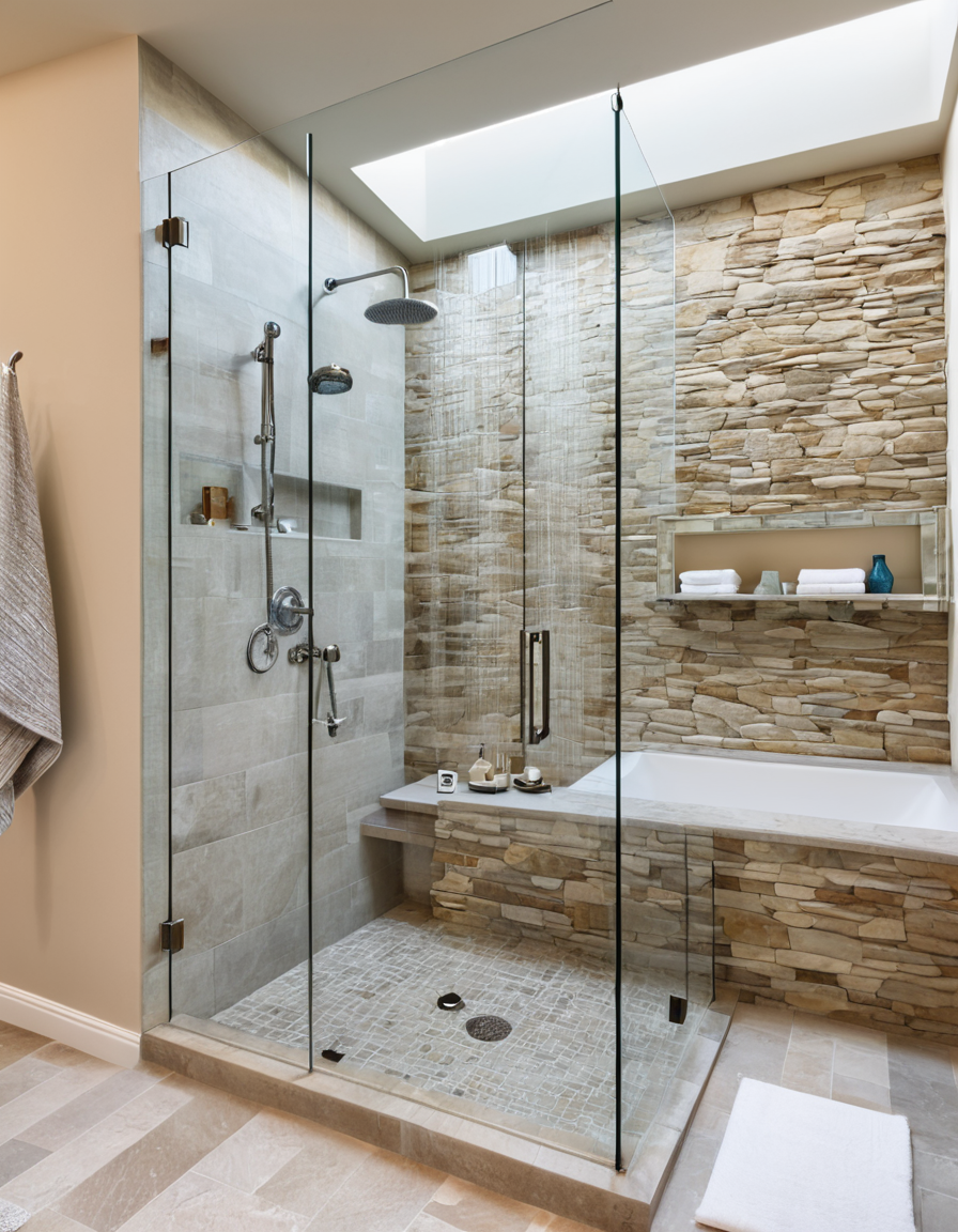 Glass-enclosed walk-in shower