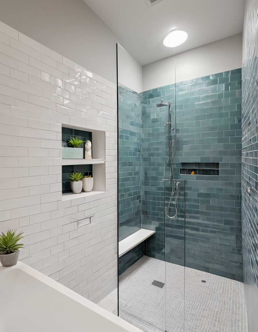 Tiled walk-in shower with mixed patterns