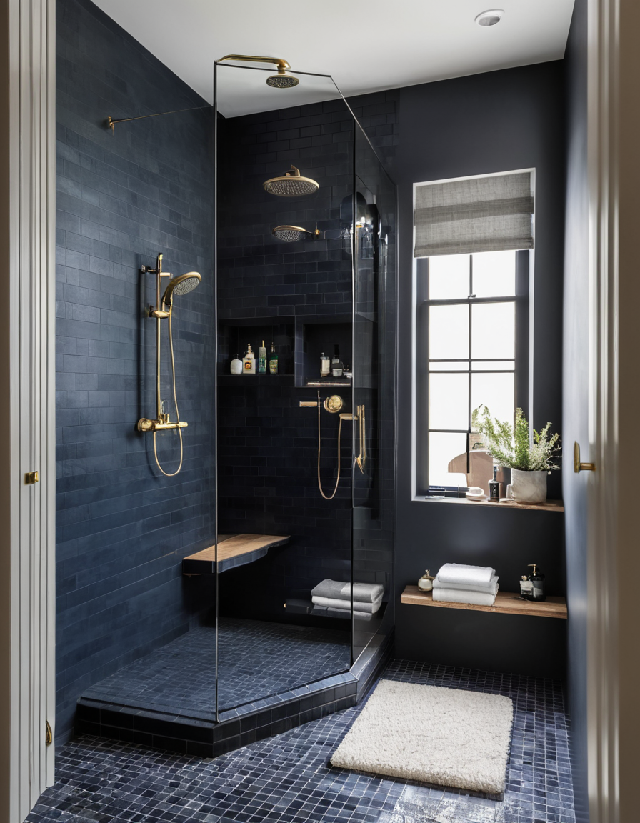 Moody walk-in shower design