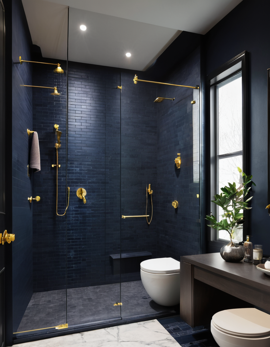 Dark-themed walk-in shower