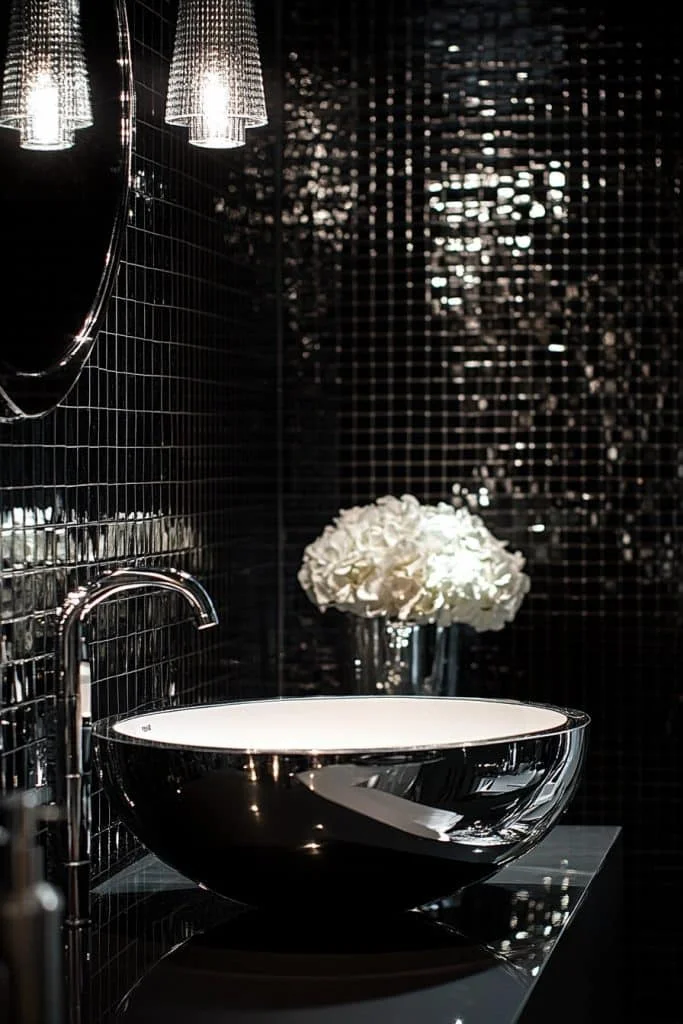 Silver and Black Reflective Bathroom