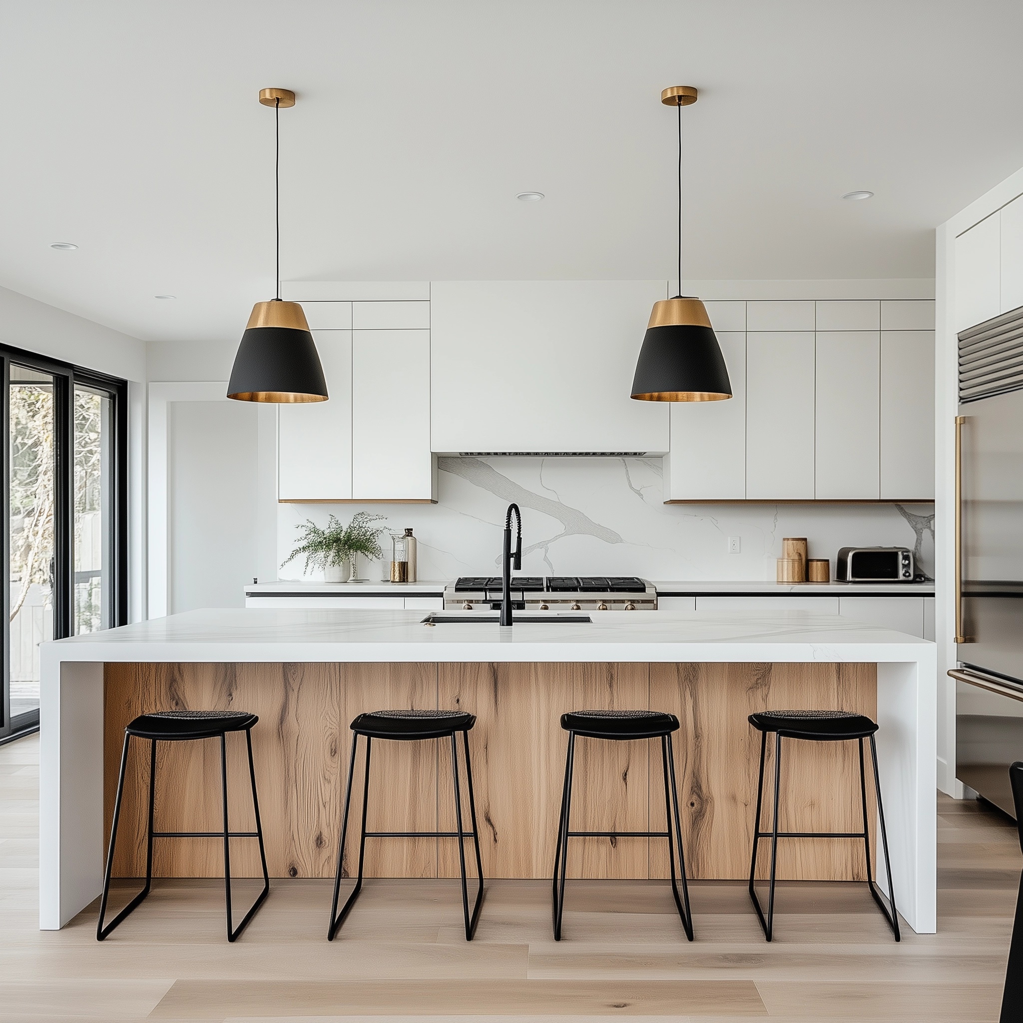 Modern white kitchen with wood accents and minimalist design