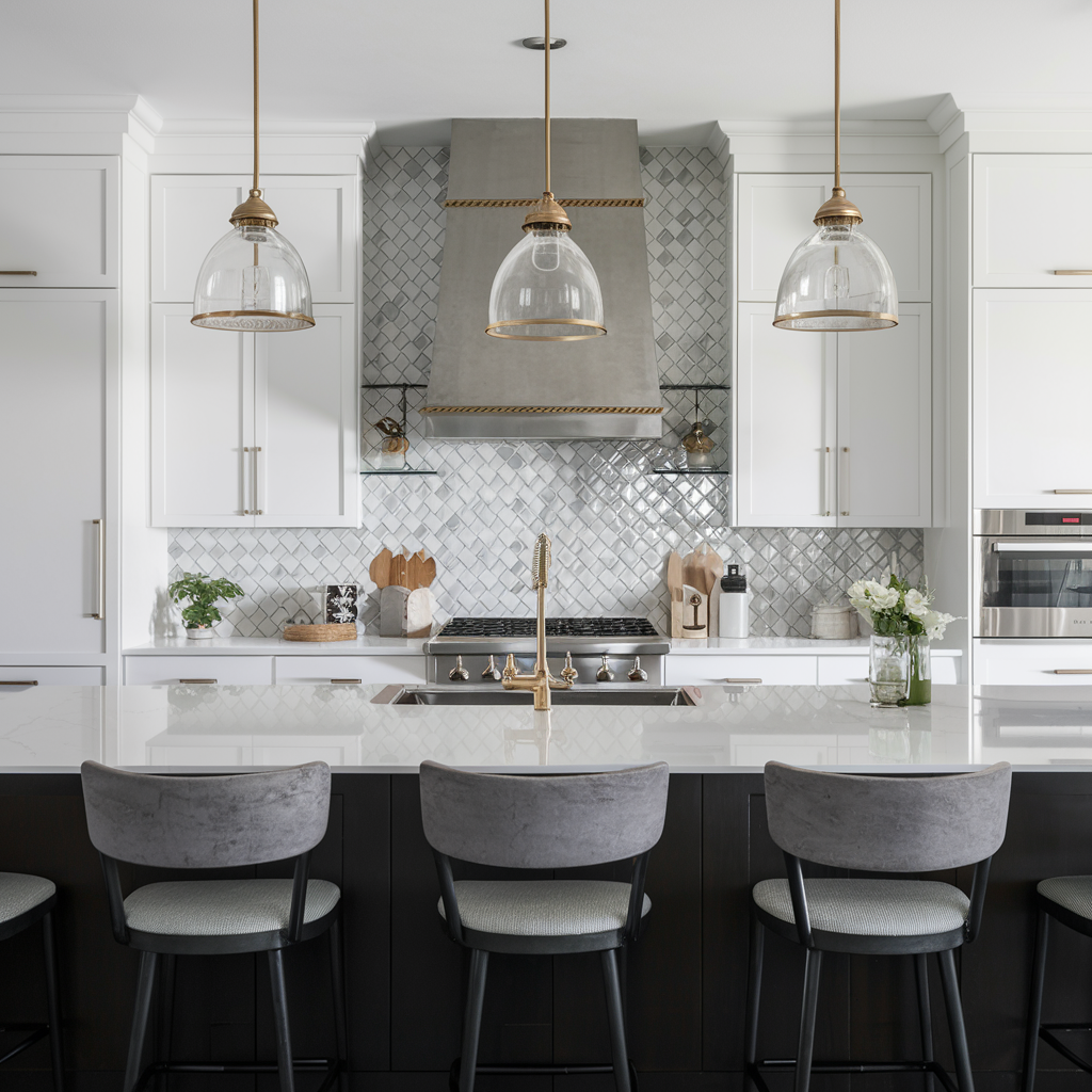 White kitchen backsplash with geometric tile pattern