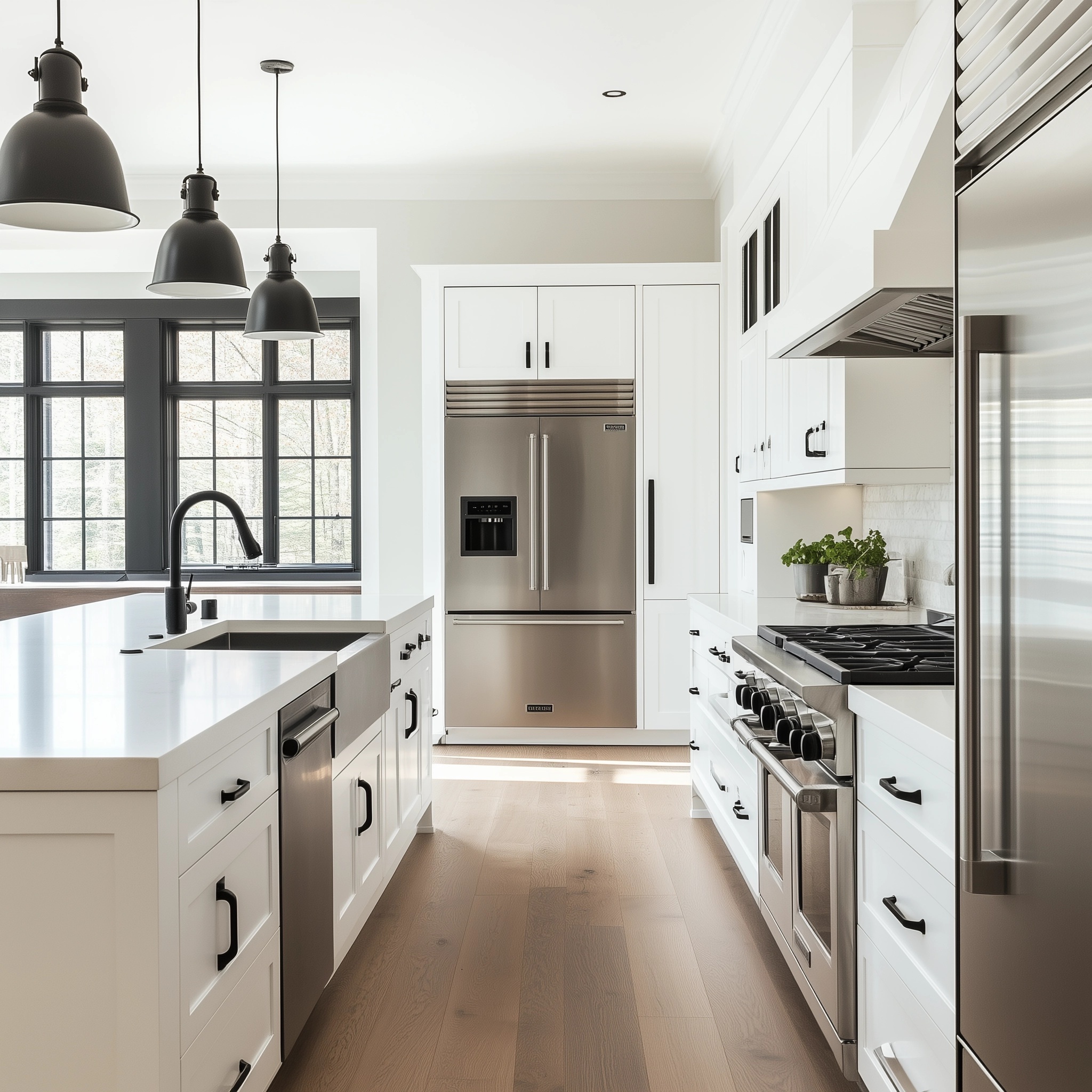 Elegant white kitchen with marble backsplash and under-cabinet lighting