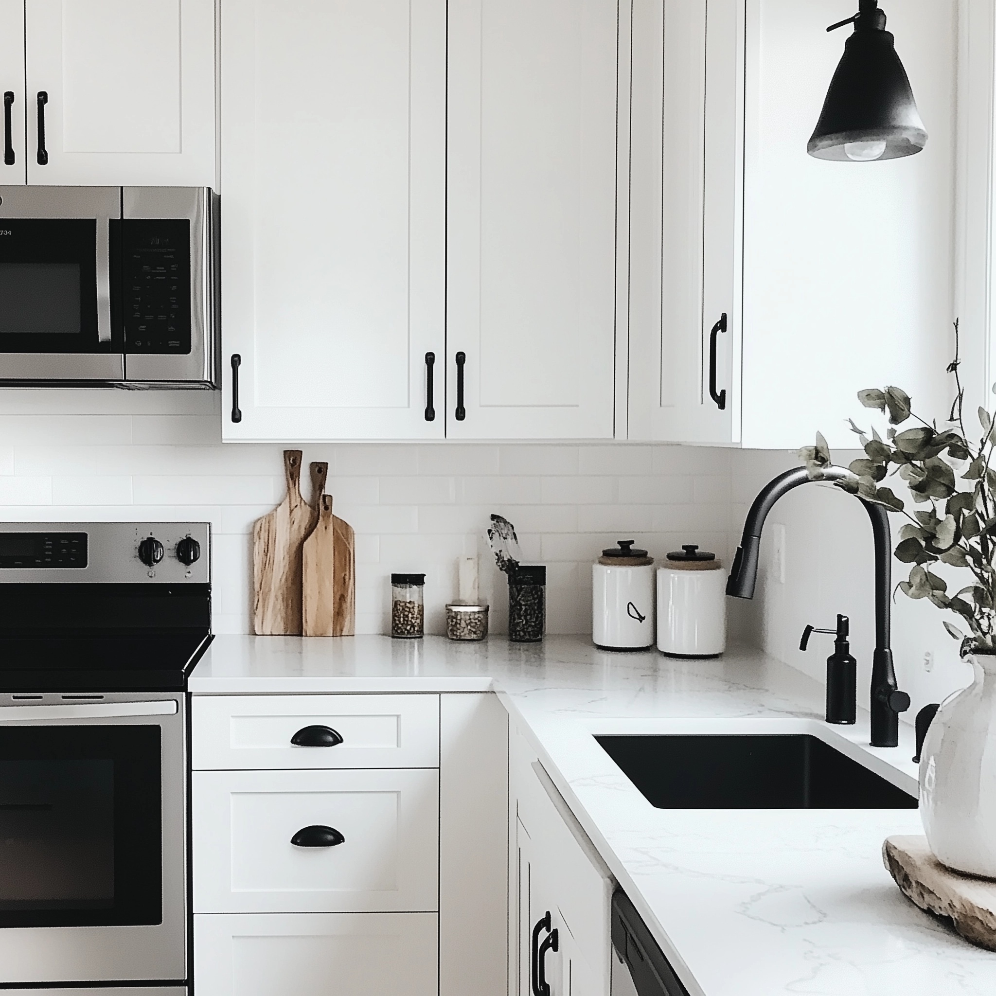 White kitchen with black hardware accents