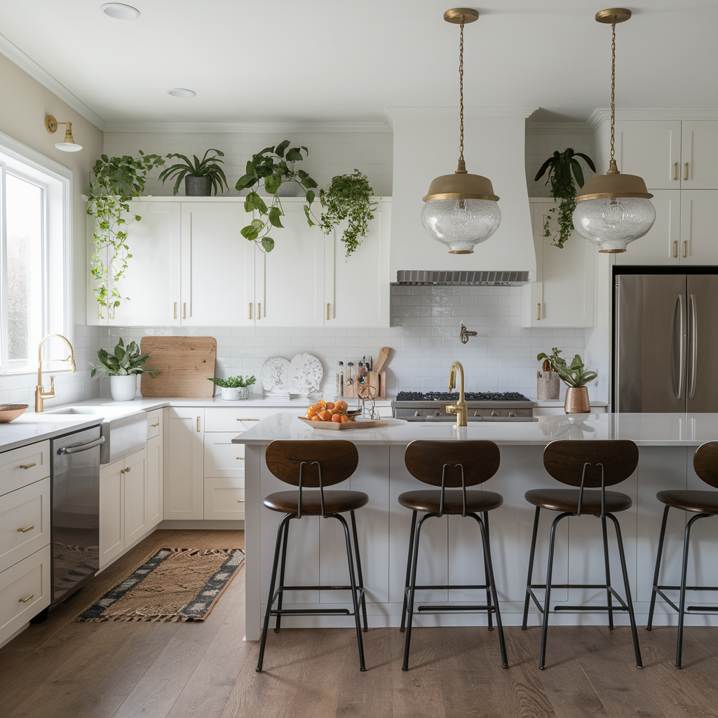 White kitchen decorated with plants and stylish accessories