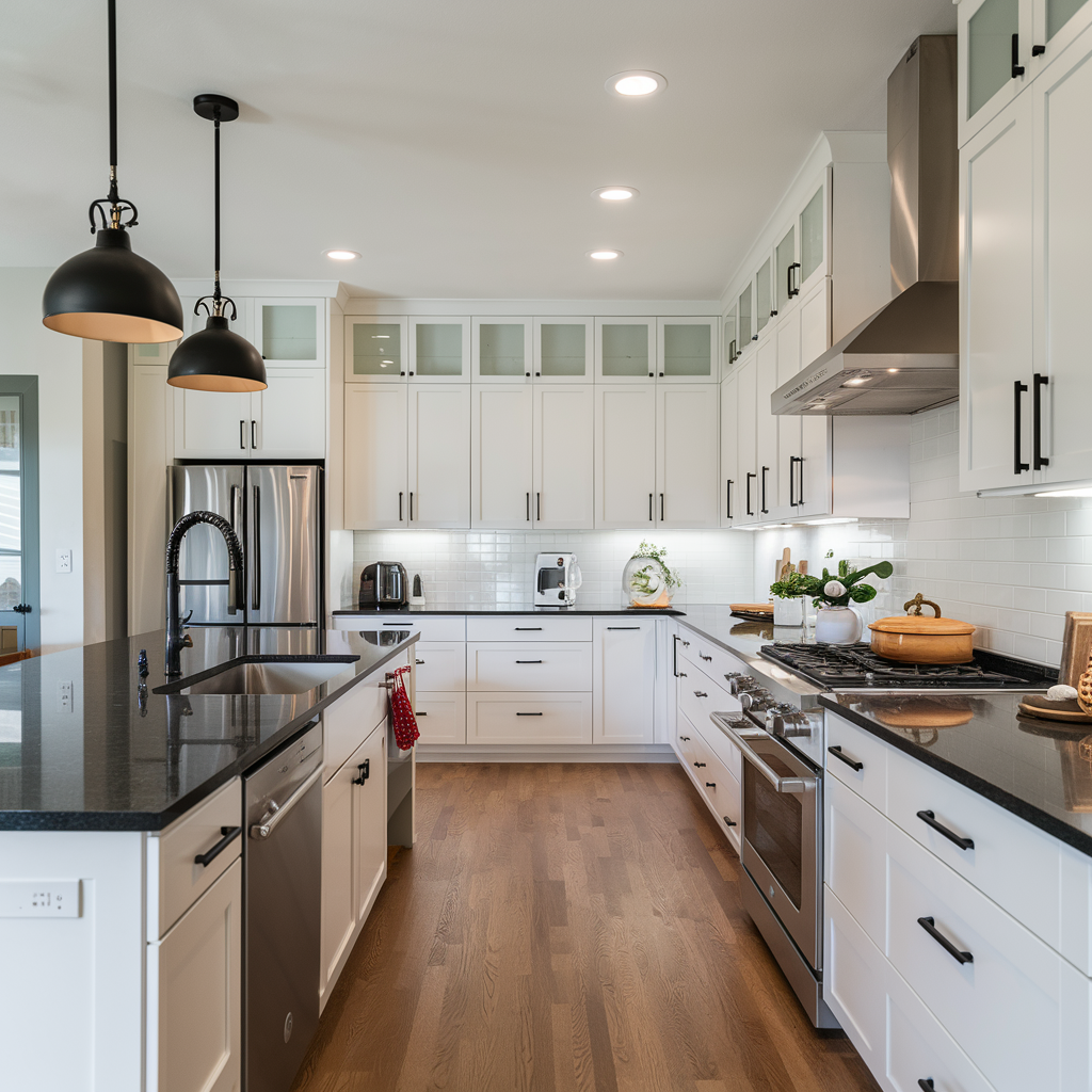 White kitchen featuring black granite countertops