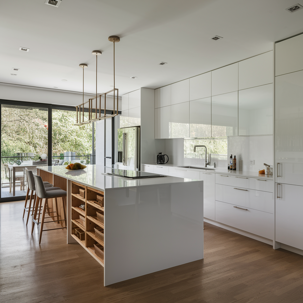 Modern white kitchen cabinets with handleless design