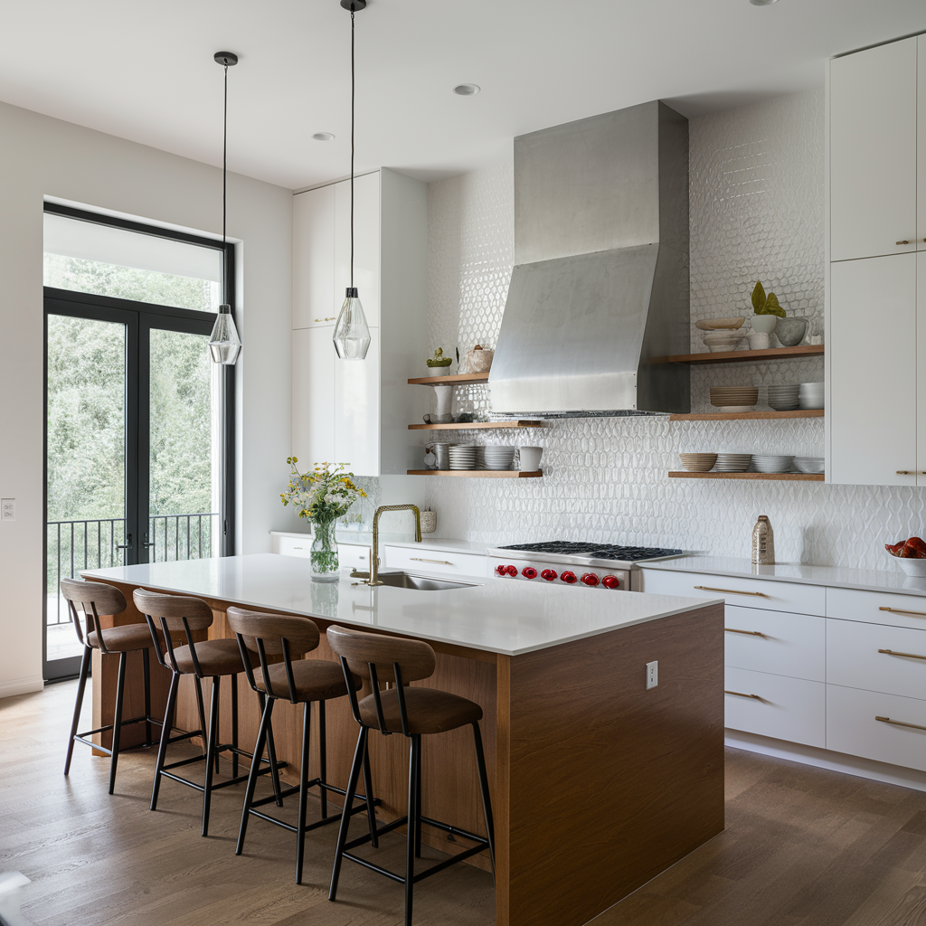 White kitchen with marble backsplash and open shelving