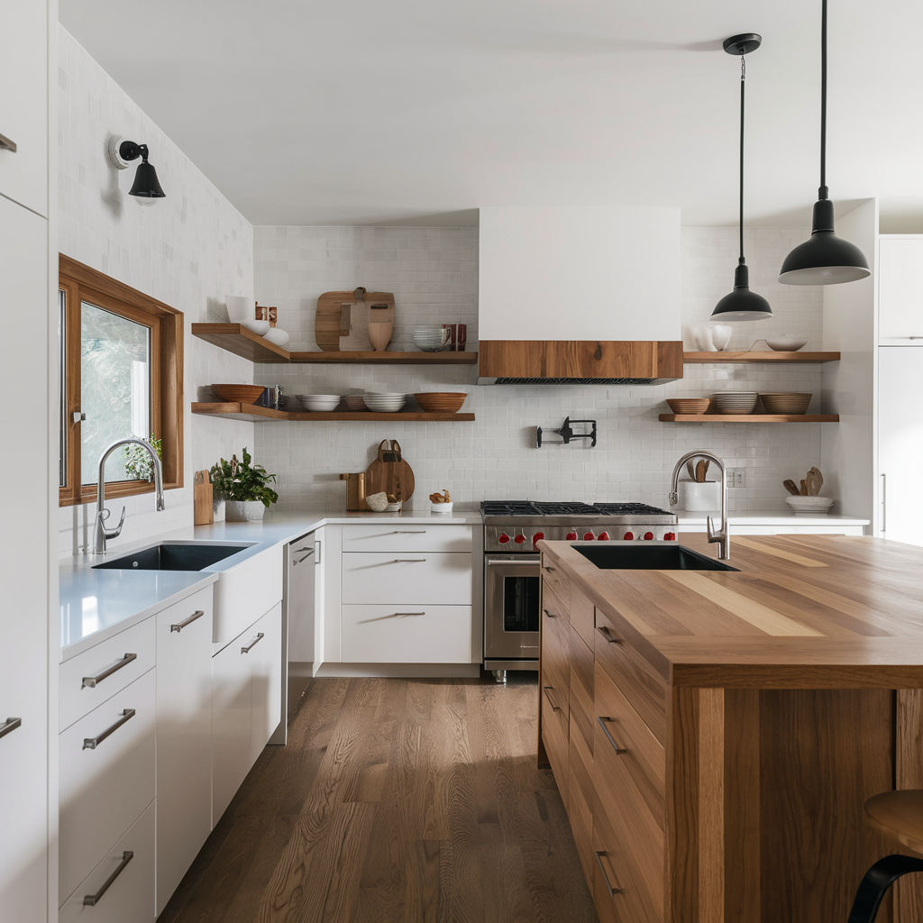 White kitchen with wooden island and shelves