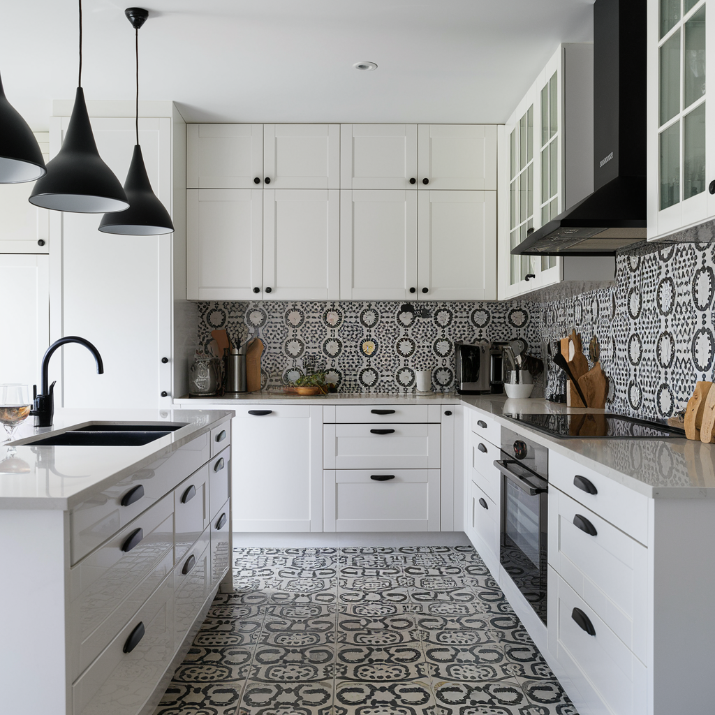 Black and white patterned backsplash in white kitchen