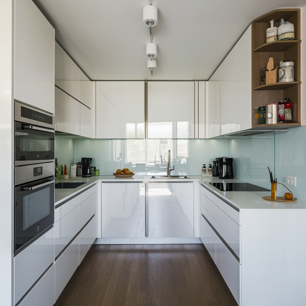 Compact white kitchen with high-gloss cabinets