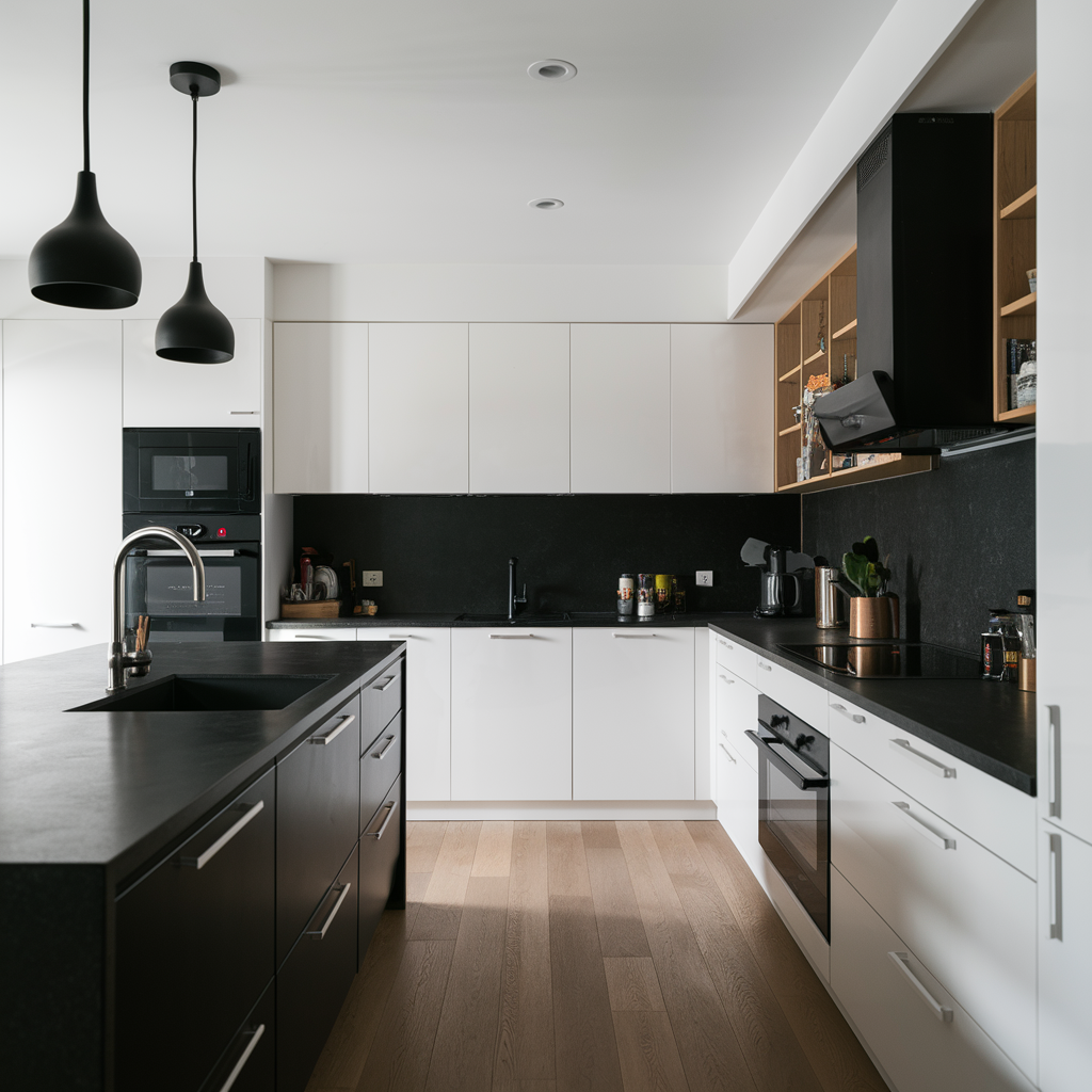 Modern white kitchen with black cabinetry and fixtures