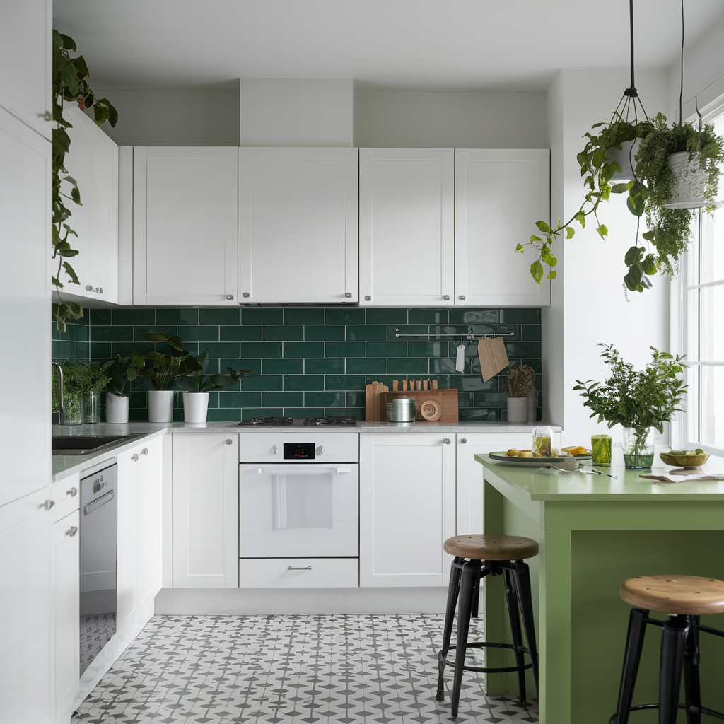 White kitchen with green accents and plants