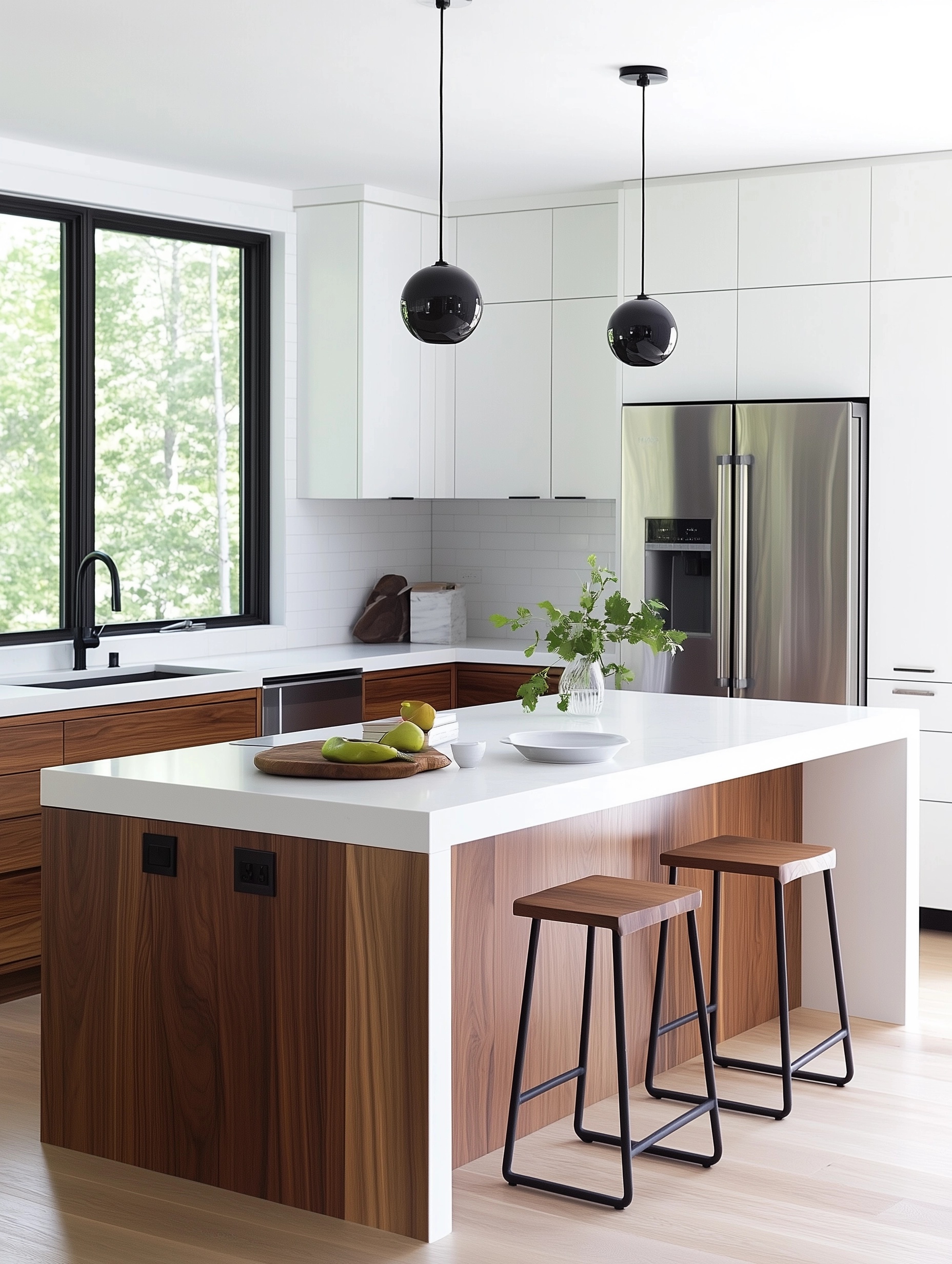 White kitchen with walnut cabinetry and island