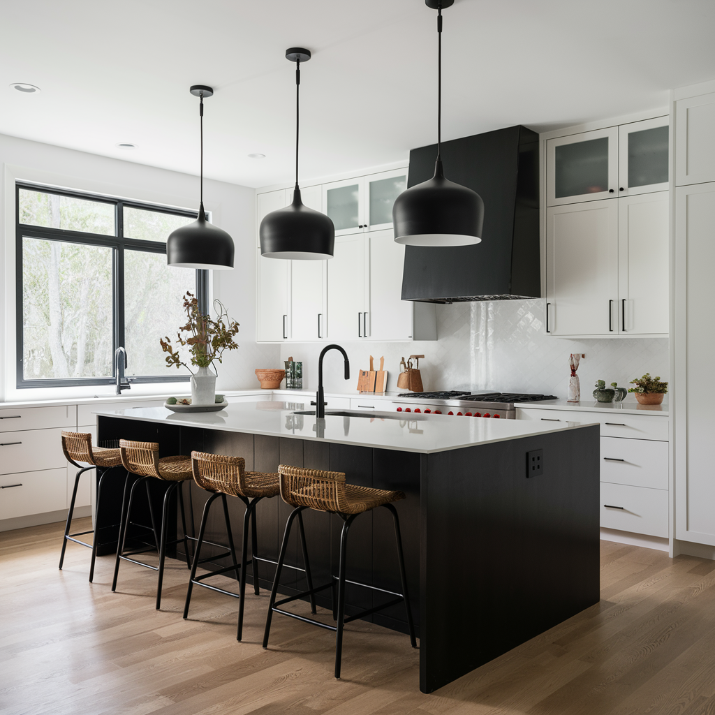 White kitchen with black-framed glass cabinets