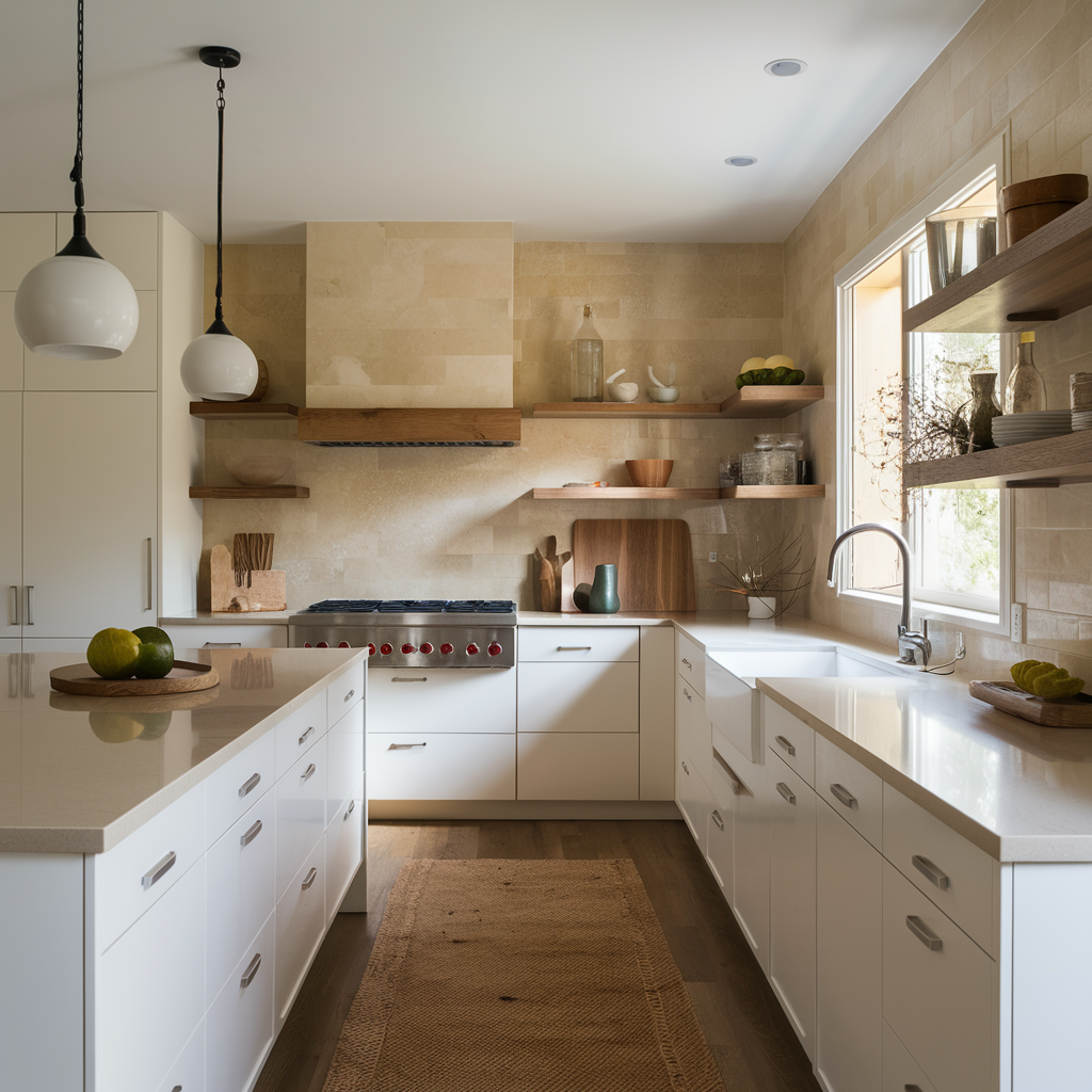 Beige and white kitchen with natural materials