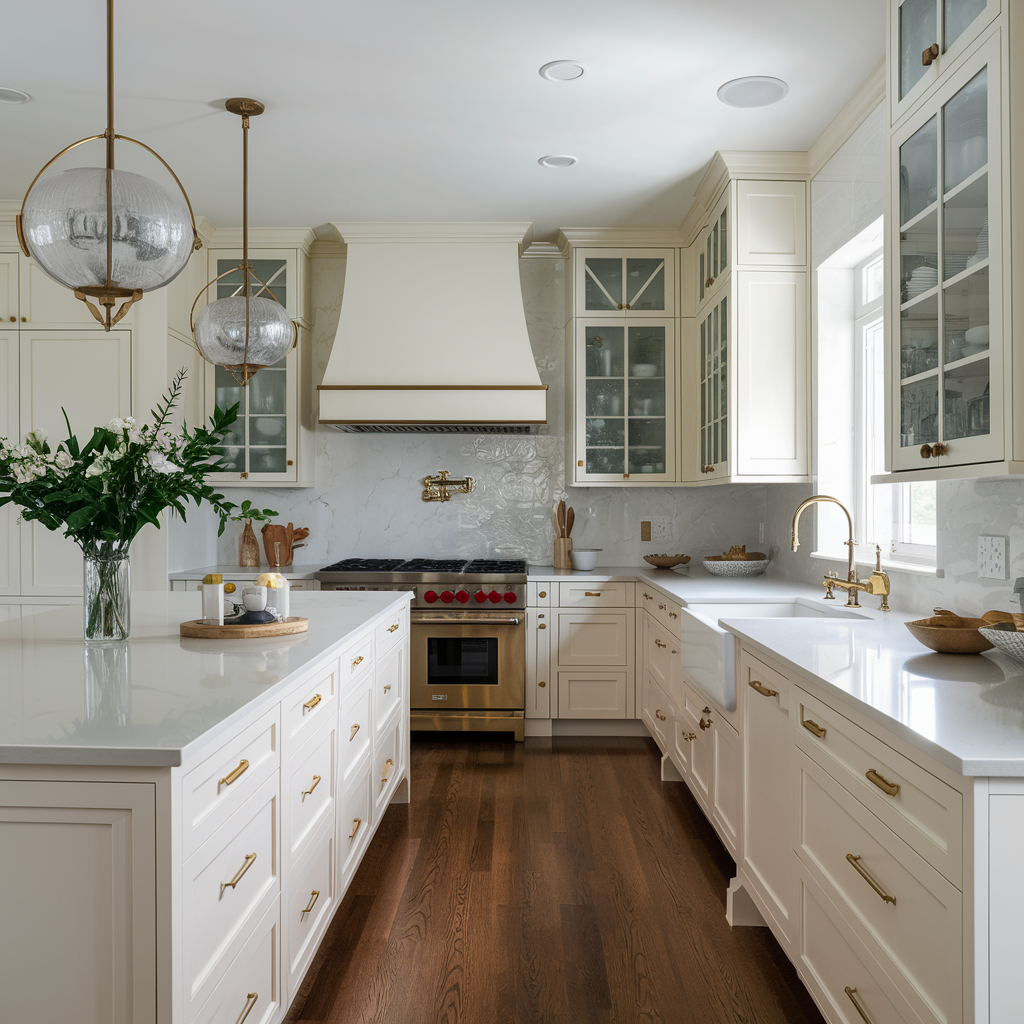 Cream and white kitchen with brass hardware