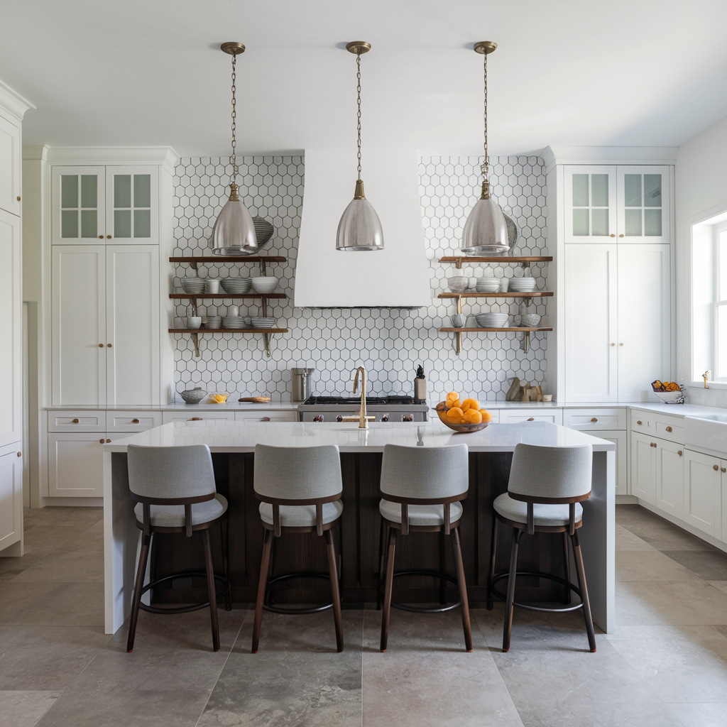 White kitchen with patterned tile floor