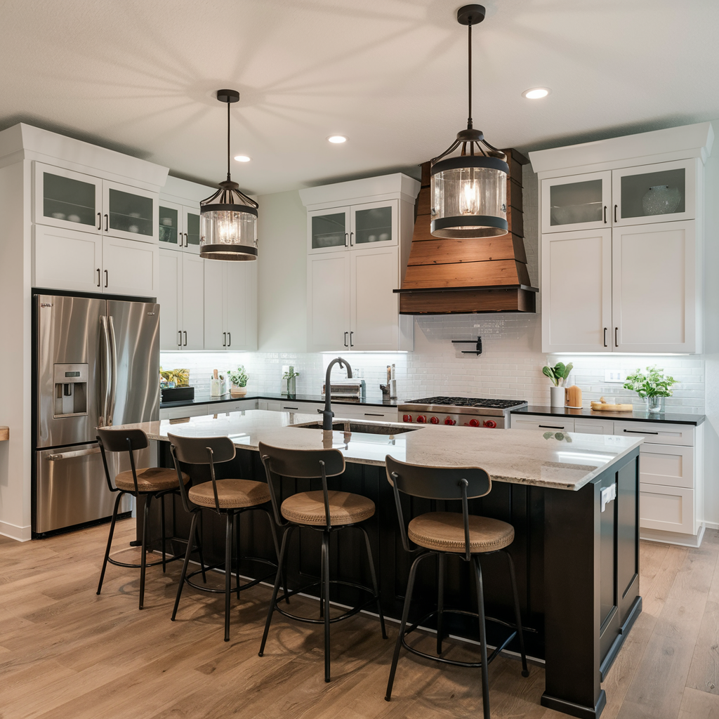 White kitchen with black granite countertops and accents